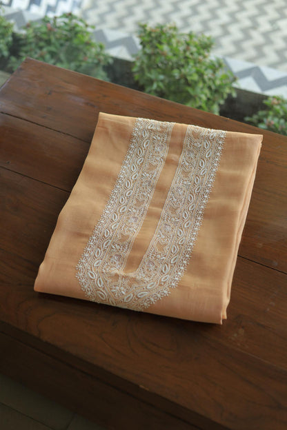 Peach Mulmul Chikankari Unstitched Men's Kurtas Fabric
