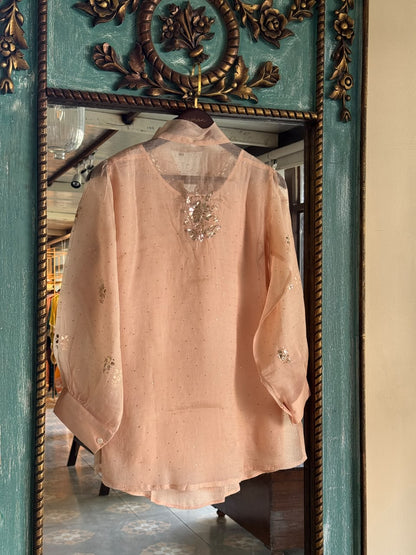 Peach Noor Organza Mukaish Badla Short Top With Bow Tie