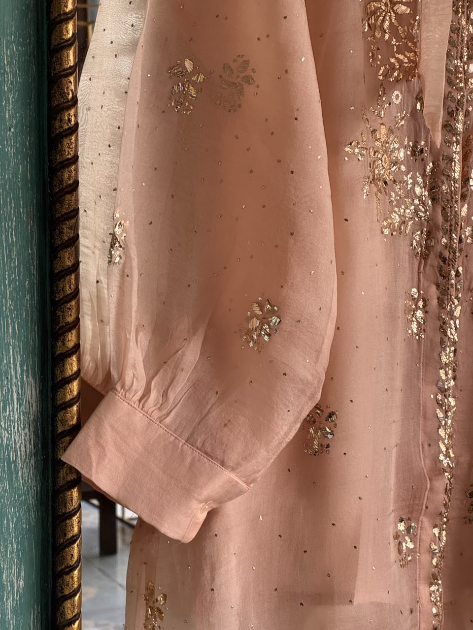 Peach Noor Organza Mukaish Badla Short Top With Bow Tie