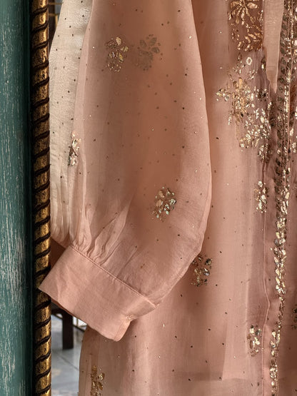 Peach Noor Organza Mukaish Badla Short Top With Bow Tie