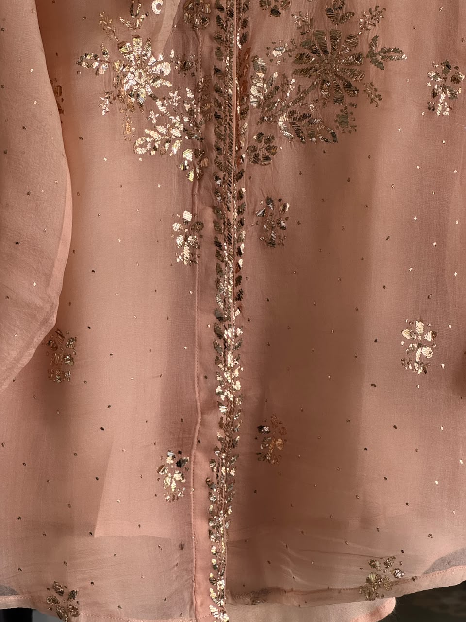 Peach Noor Organza Mukaish Badla Short Top With Bow Tie