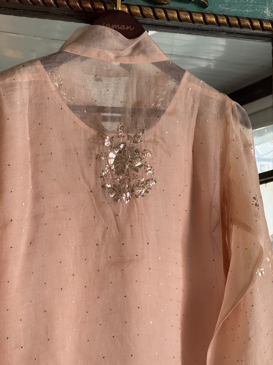 Peach Noor Organza Mukaish Badla Short Top With Bow Tie