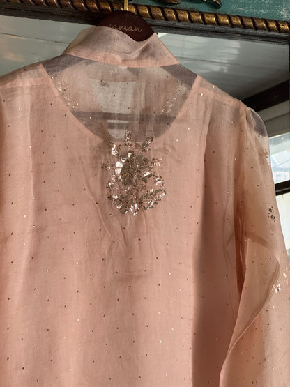 Peach Noor Organza Mukaish Badla Short Top With Bow Tie
