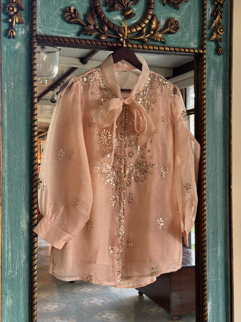 Peach Noor Organza Mukaish Badla Short Top With Bow Tie