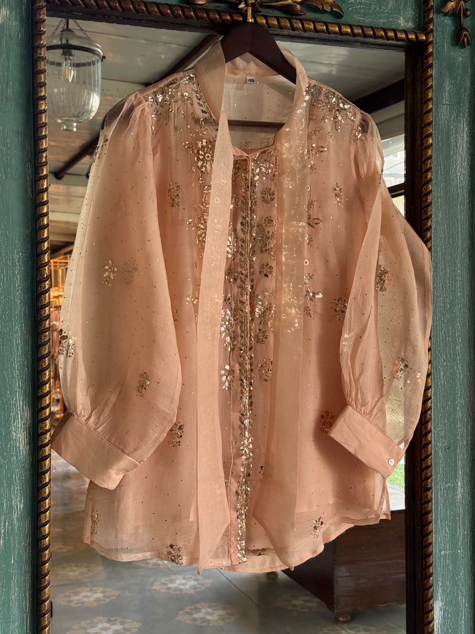 Peach Noor Organza Mukaish Badla Short Top With Bow Tie