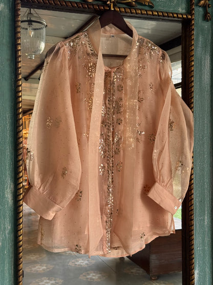 Peach Noor Organza Mukaish Badla Short Top With Bow Tie