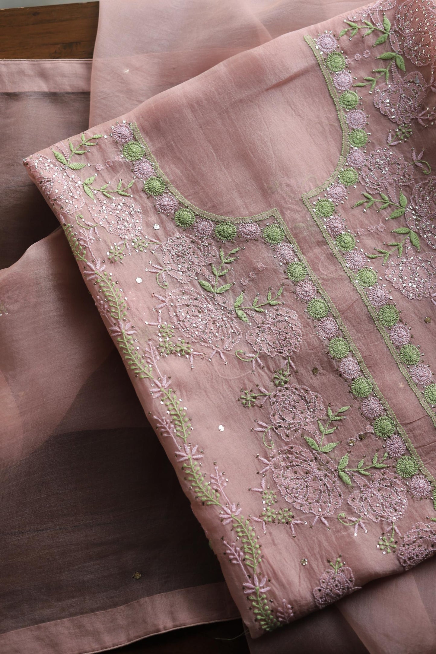Rose Taupe Noor Organza Silk Chikankari With Mukaish Kamdani Fabrics