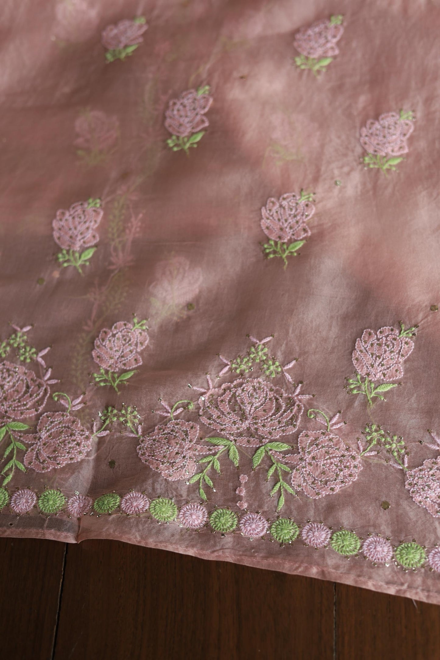 Rose Taupe Noor Organza Silk Chikankari With Mukaish Kamdani Fabrics