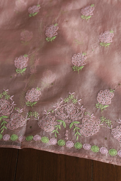 Rose Taupe Noor Organza Silk Chikankari With Mukaish Kamdani Fabrics