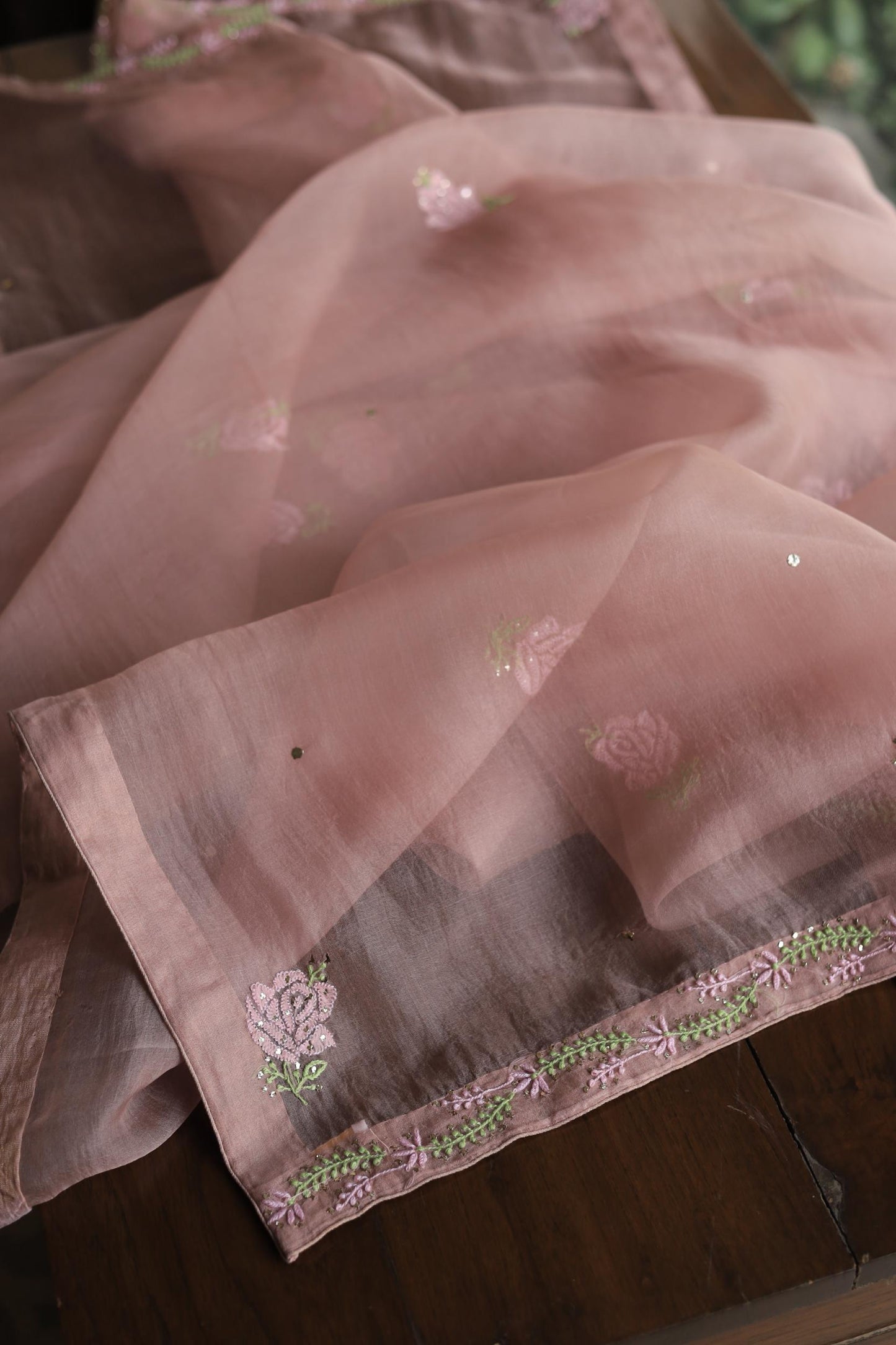Rose Taupe Noor Organza Silk Chikankari With Mukaish Kamdani Fabrics
