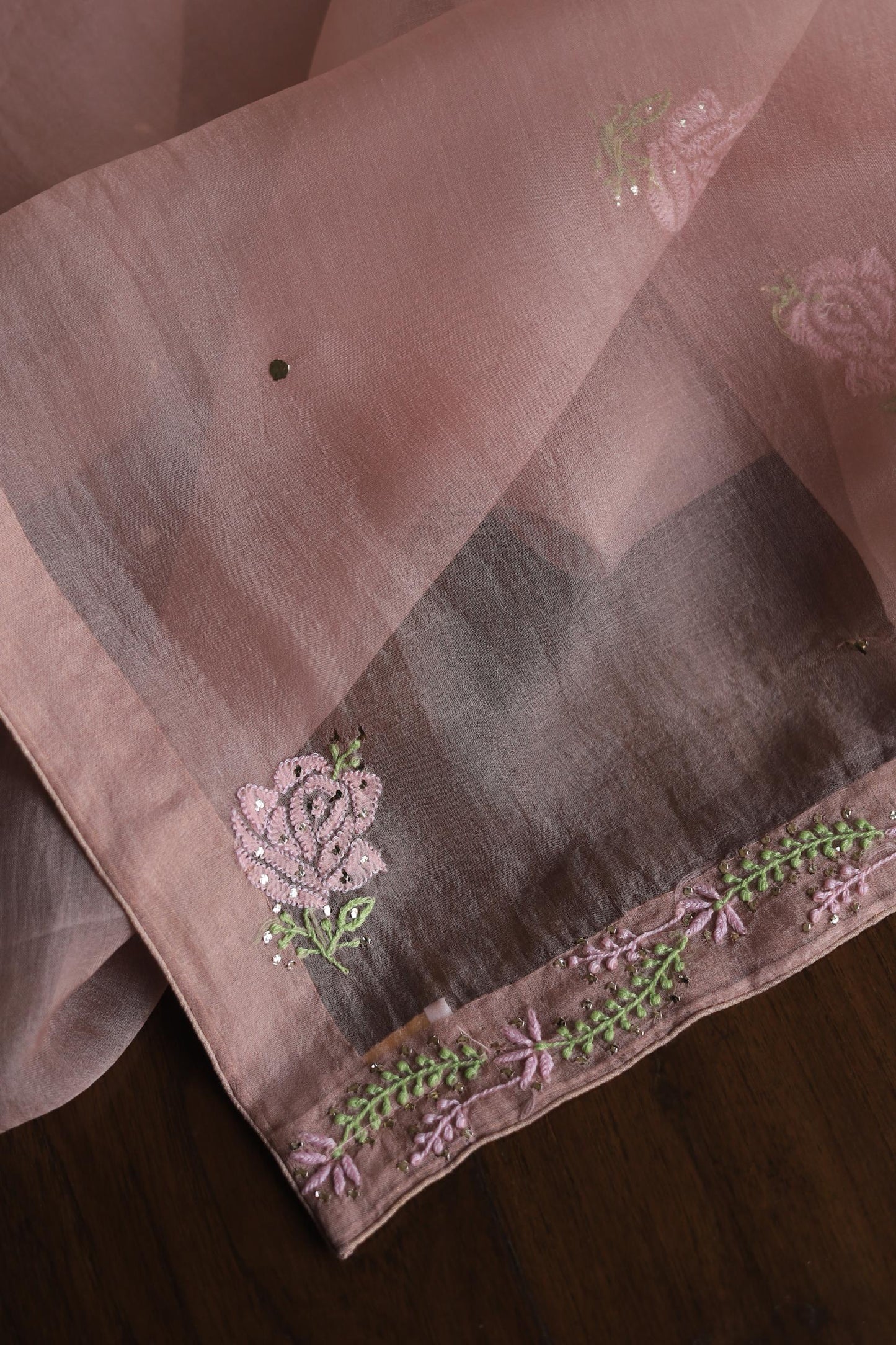Rose Taupe Noor Organza Silk Chikankari With Mukaish Kamdani Fabrics