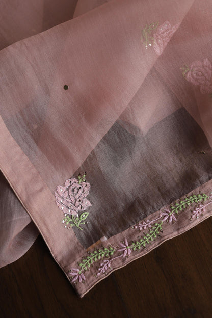 Rose Taupe Noor Organza Silk Chikankari With Mukaish Kamdani Fabrics