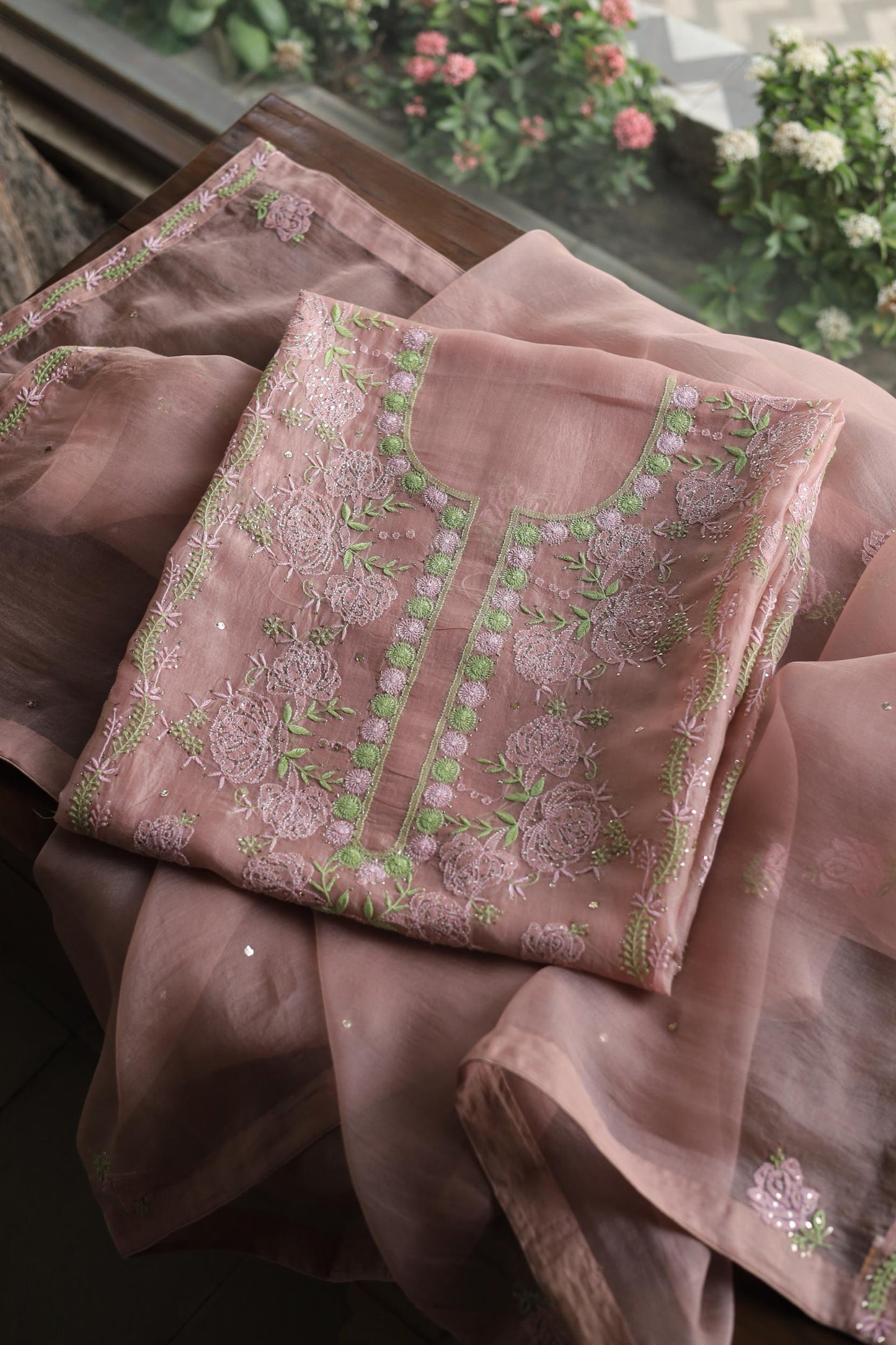 Rose Taupe Noor Organza Silk Chikankari With Mukaish Kamdani Fabrics
