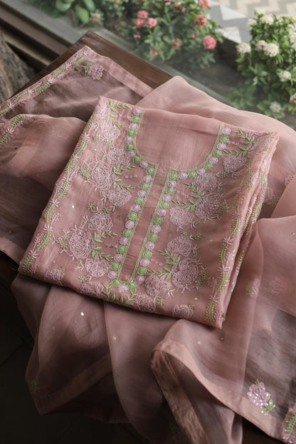 Rose Taupe Noor Organza Silk Chikankari With Mukaish Kamdani Fabrics