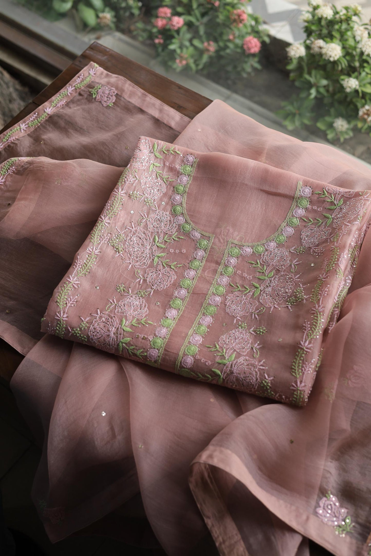 Rose Taupe Noor Organza Silk Chikankari With Mukaish Kamdani Fabrics