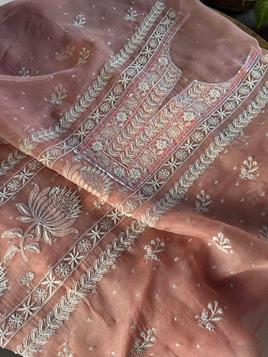 Peach Noor Organza Silk Chikankari Unstitched Kurta Dupatta Set