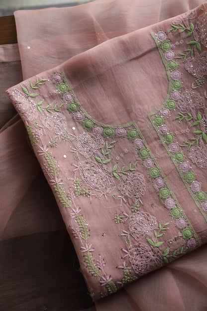 Rose Taupe Noor Organza Silk Chikankari With Mukaish Kamdani Fabrics