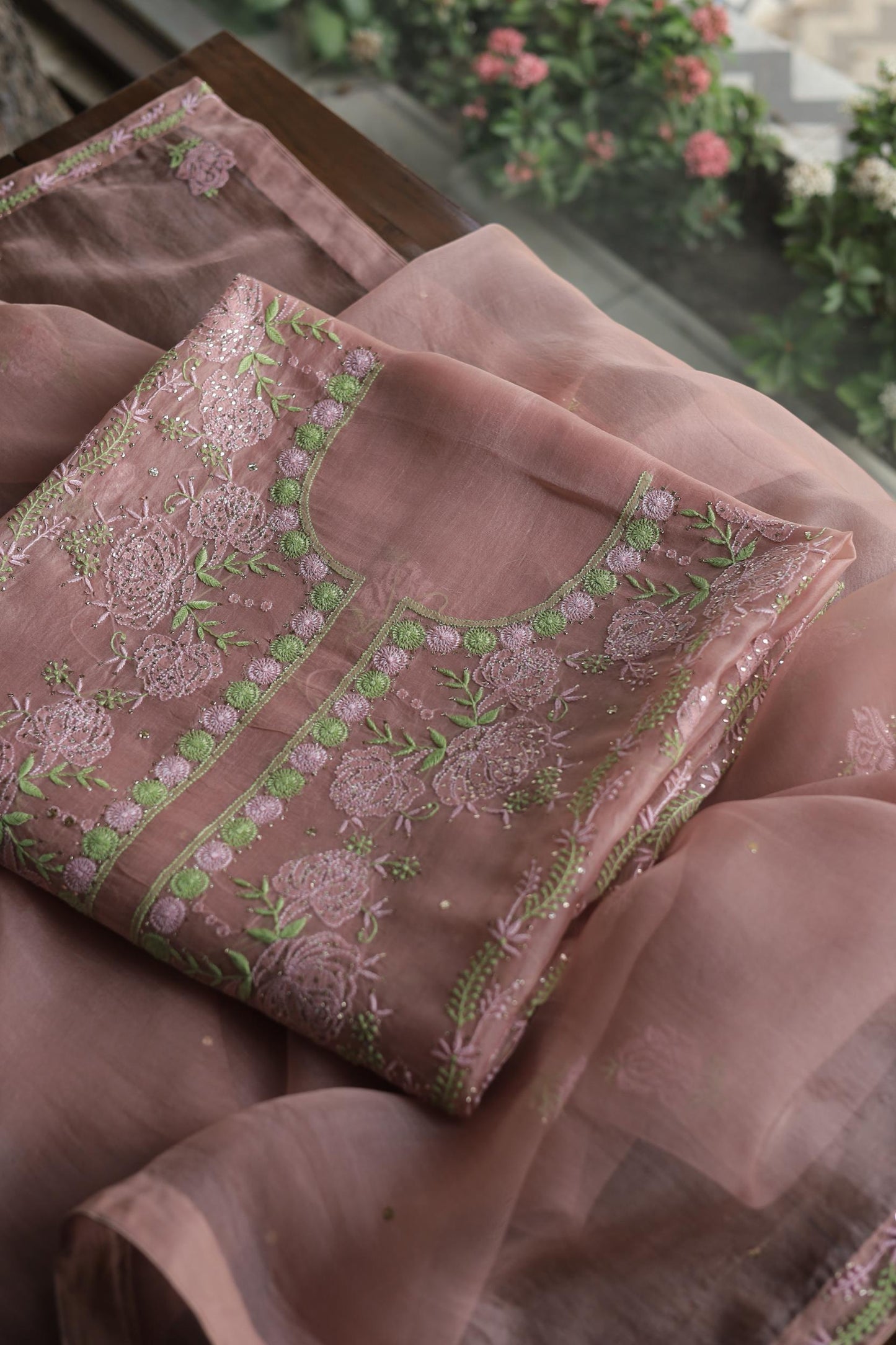 Rose Taupe Noor Organza Silk Chikankari With Mukaish Kamdani Fabrics