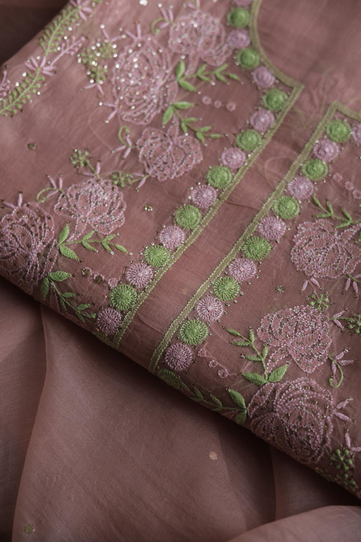 Rose Taupe Noor Organza Silk Chikankari With Mukaish Kamdani Fabrics