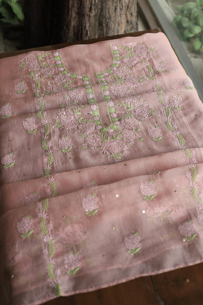 Rose Taupe Noor Organza Silk Chikankari With Mukaish Kamdani Fabrics