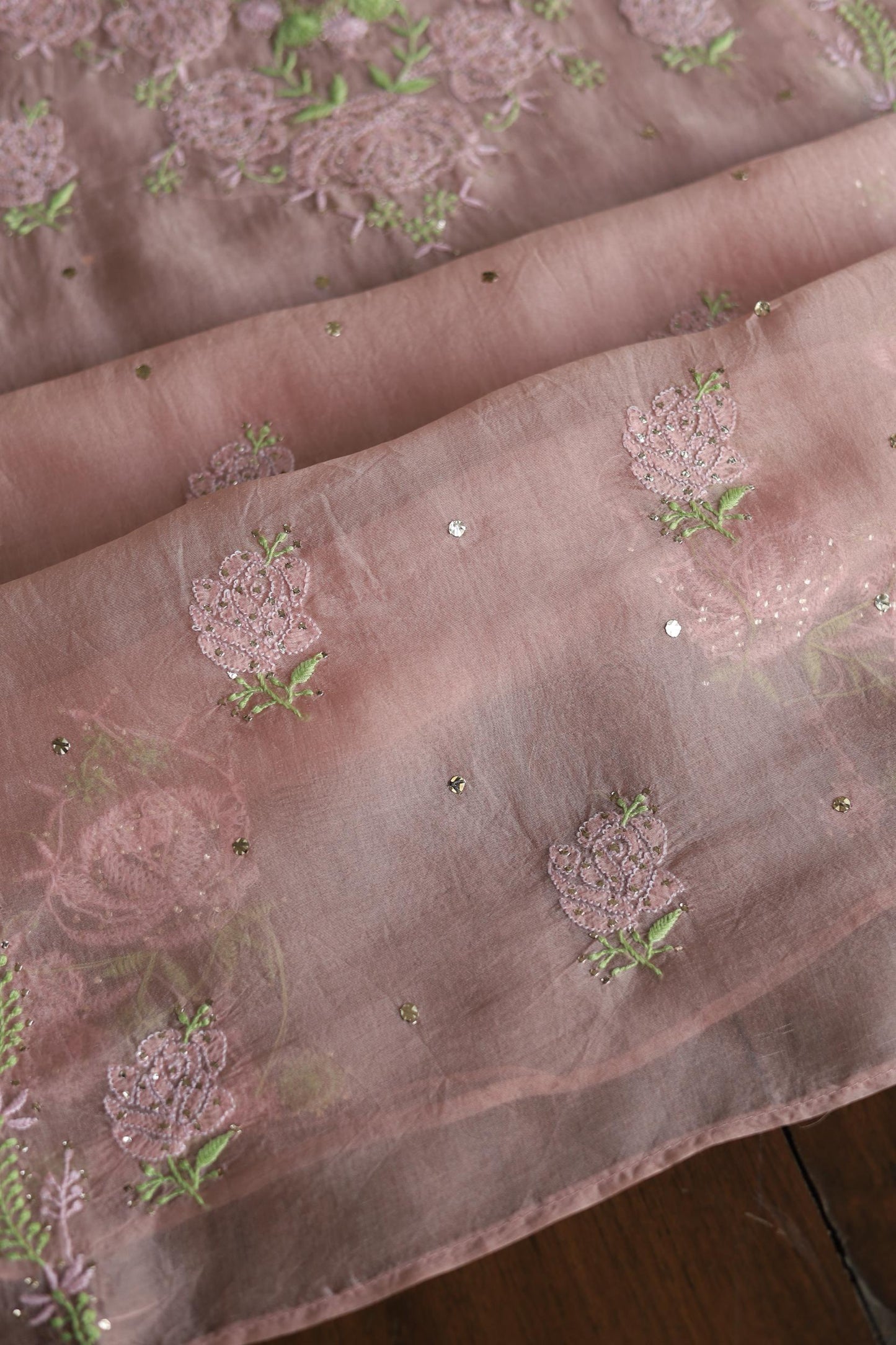Rose Taupe Noor Organza Silk Chikankari With Mukaish Kamdani Fabrics