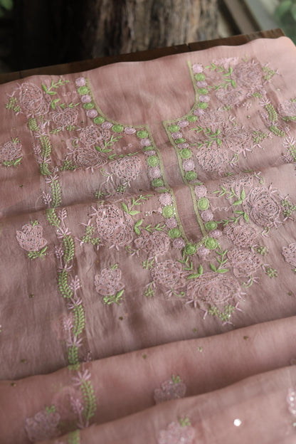 Rose Taupe Noor Organza Silk Chikankari With Mukaish Kamdani Fabrics