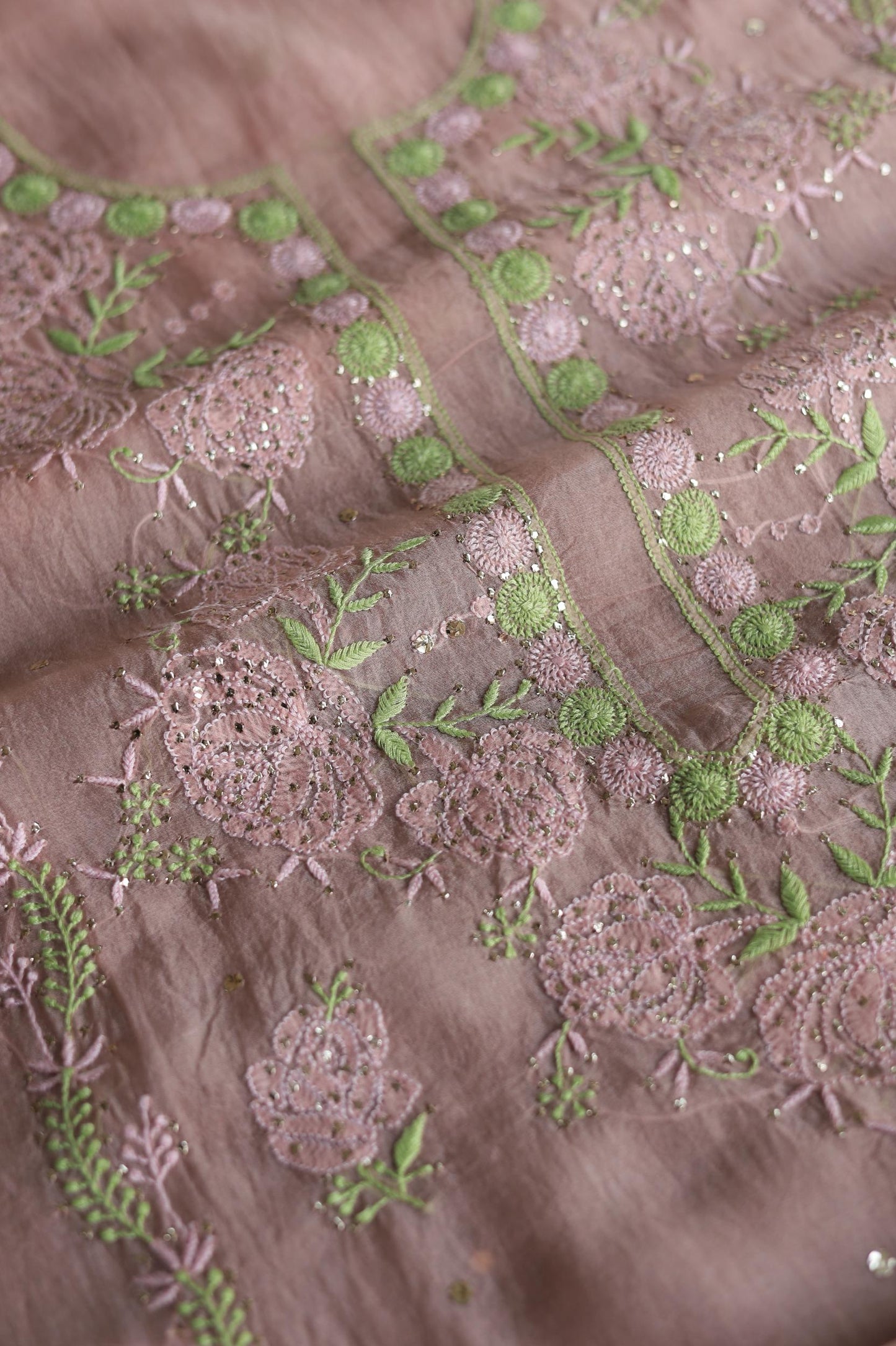 Rose Taupe Noor Organza Silk Chikankari With Mukaish Kamdani Fabrics