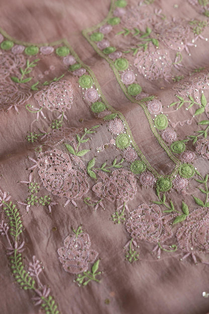 Rose Taupe Noor Organza Silk Chikankari With Mukaish Kamdani Fabrics