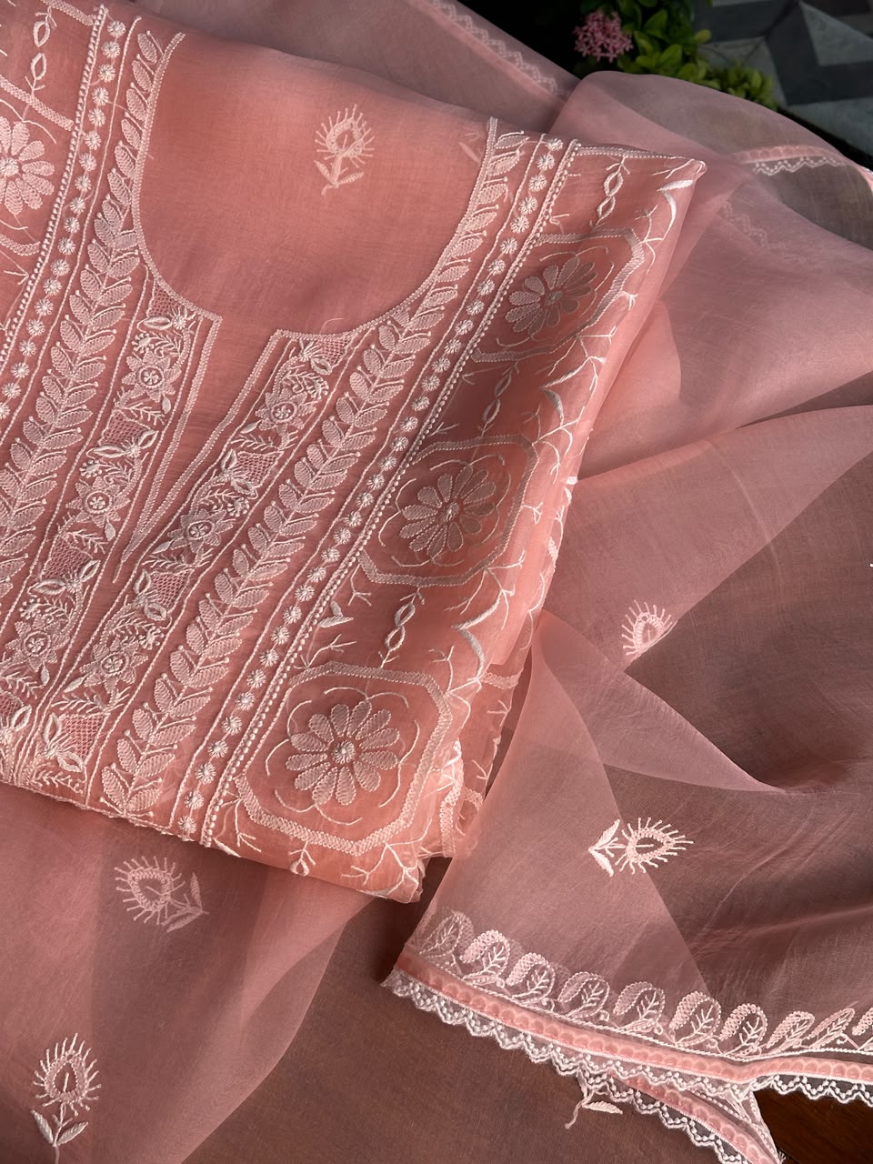 Peach Pink Organza Chikankari Unstitched Suit Fabric