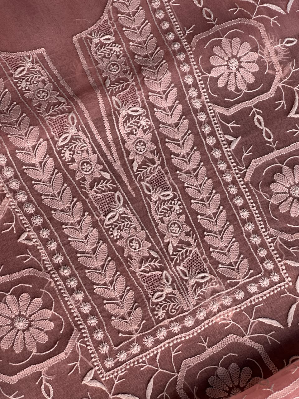 Peach Pink Organza Chikankari Unstitched Suit Fabric