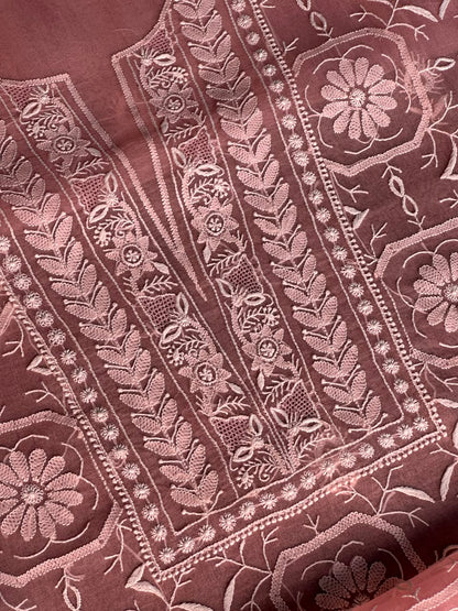 Peach Pink Organza Chikankari Unstitched Suit Fabric