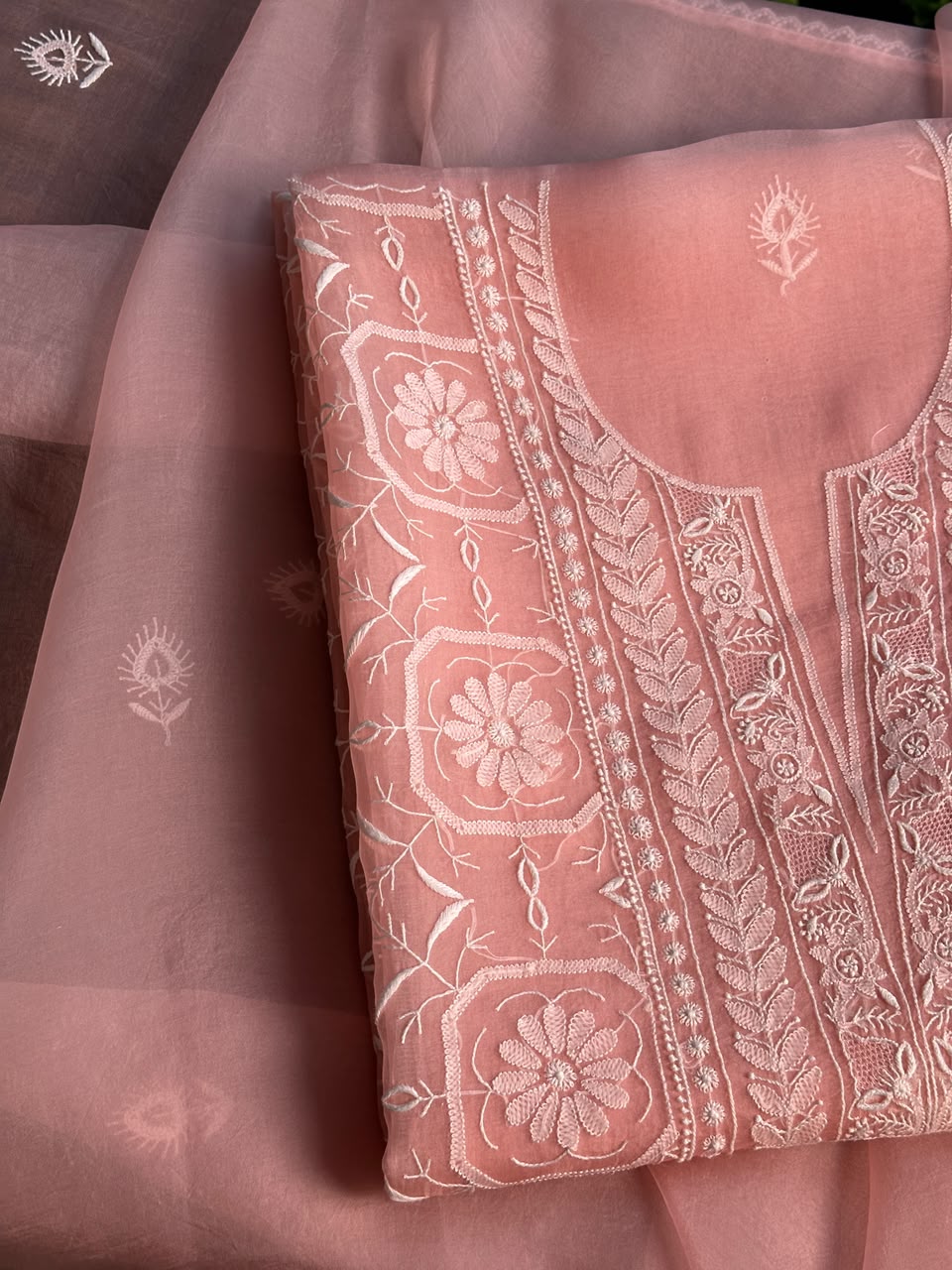 Peach Pink Organza Chikankari Unstitched Suit Fabric