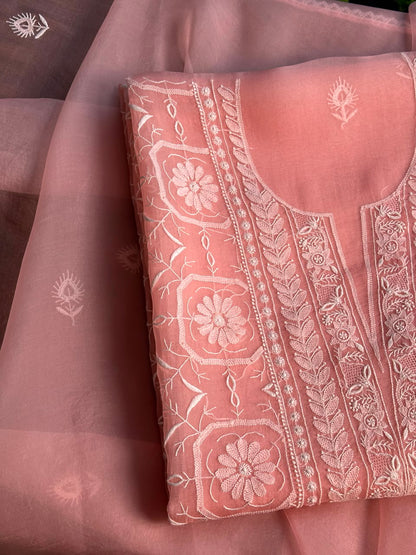 Peach Pink Organza Chikankari Unstitched Suit Fabric