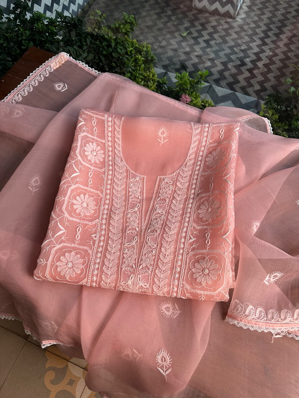 Peach Pink Organza Chikankari Unstitched Suit Fabric
