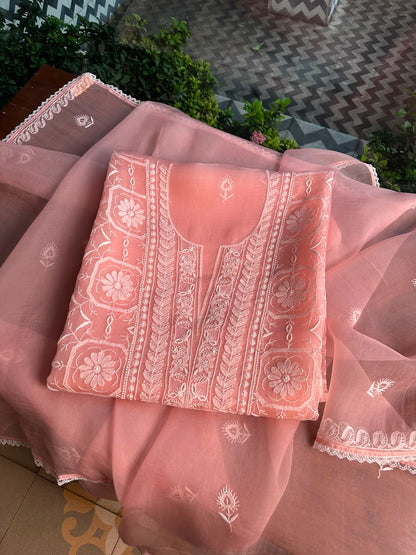 Peach Pink Organza Chikankari Unstitched Suit Fabric