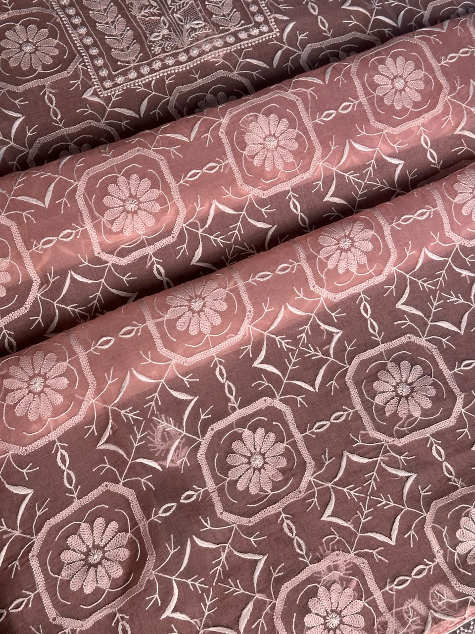 Peach Pink Organza Chikankari Unstitched Suit Fabric
