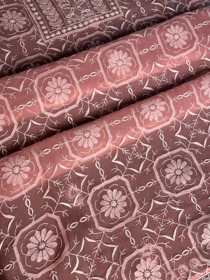 Peach Pink Organza Chikankari Unstitched Suit Fabric
