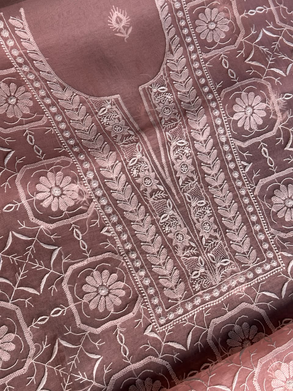 Peach Pink Organza Chikankari Unstitched Suit Fabric