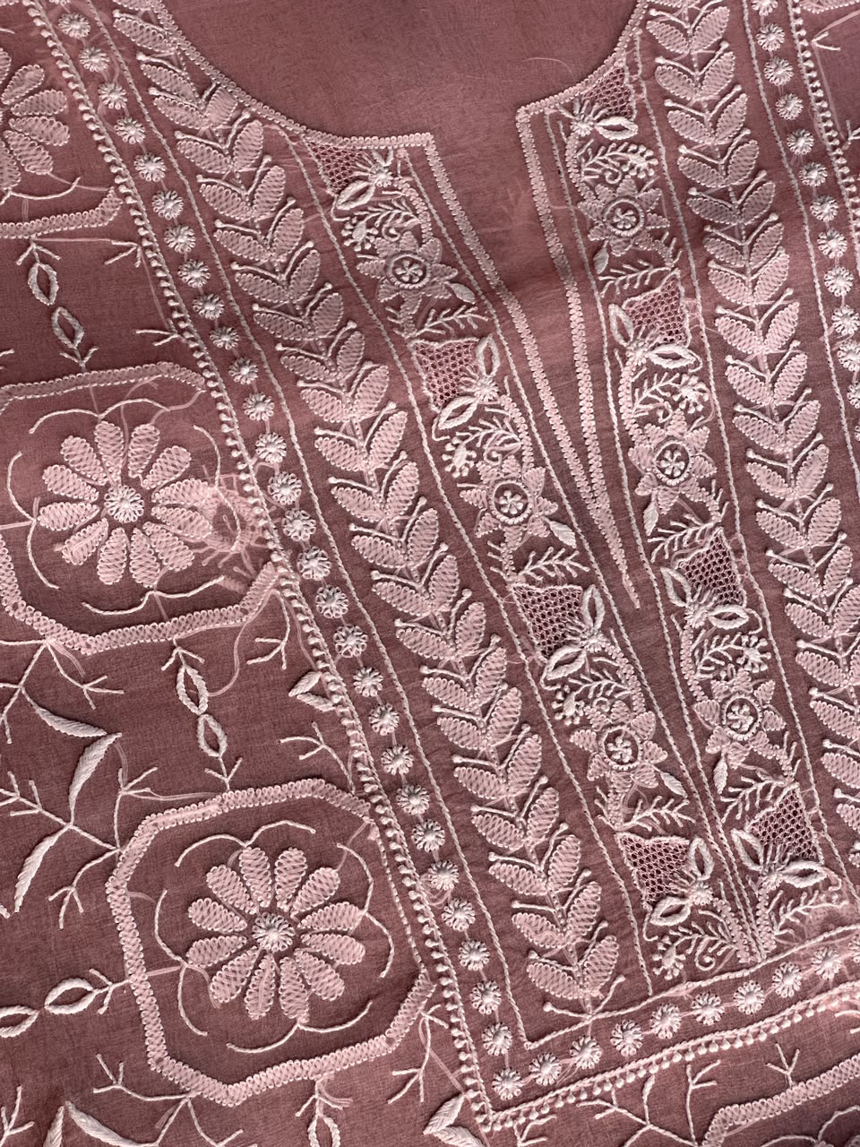 Peach Pink Organza Chikankari Unstitched Suit Fabric
