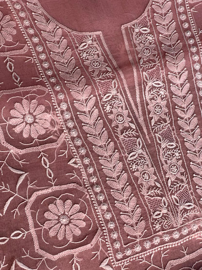 Peach Pink Organza Chikankari Unstitched Suit Fabric