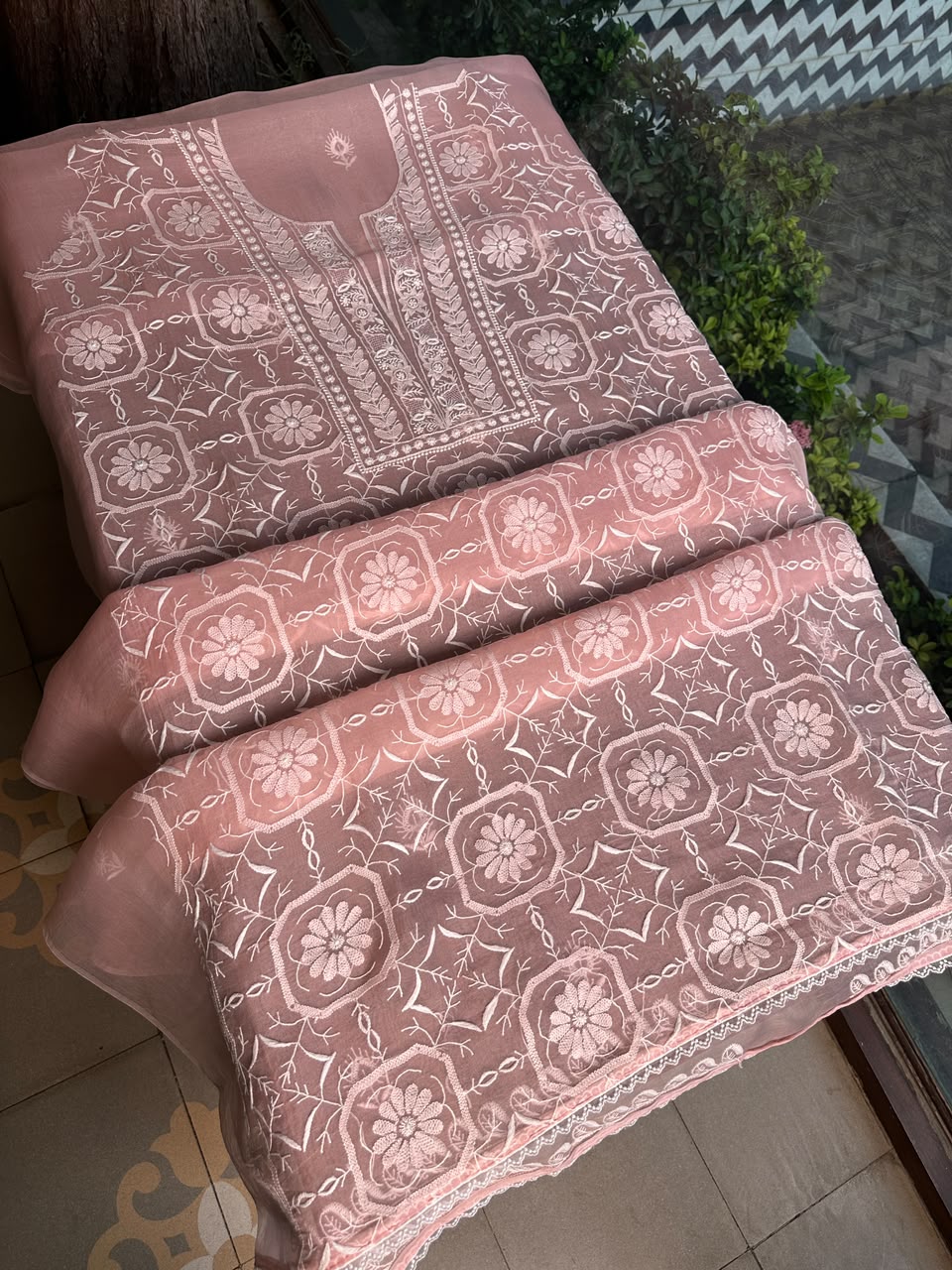 Peach Pink Organza Chikankari Unstitched Suit Fabric