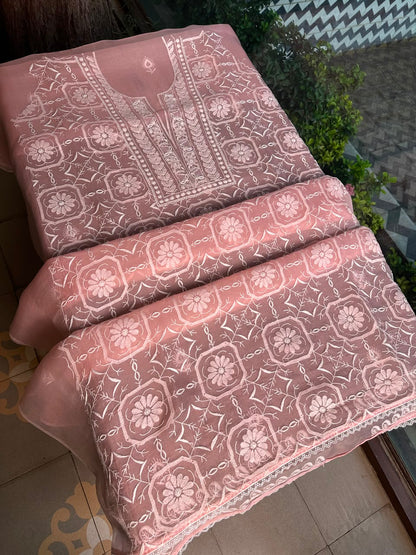 Peach Pink Organza Chikankari Unstitched Suit Fabric