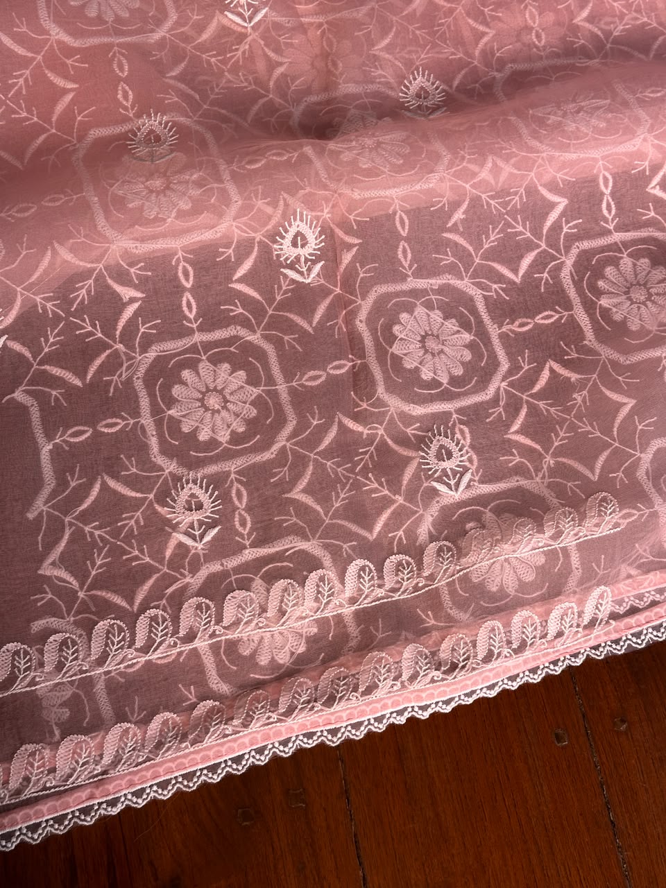 Peach Pink Organza Chikankari Unstitched Suit Fabric