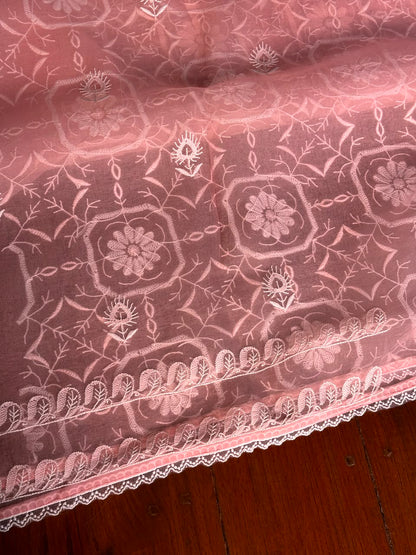 Peach Pink Organza Chikankari Unstitched Suit Fabric