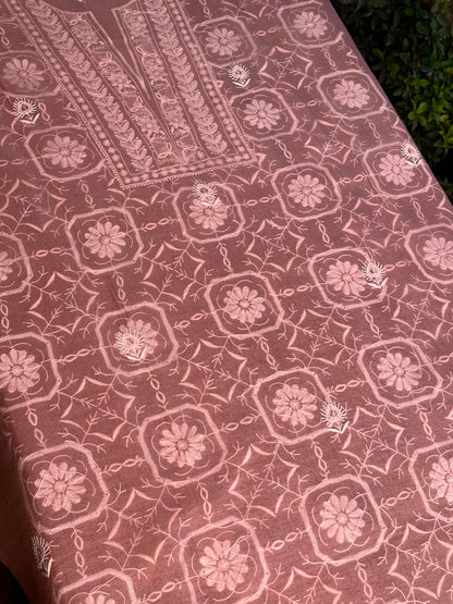 Peach Pink Organza Chikankari Unstitched Suit Fabric