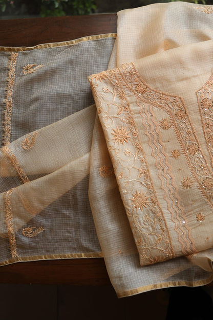 Peach Rasm Kota Tussar Chikankari Unstitched Chikankari Fabric
