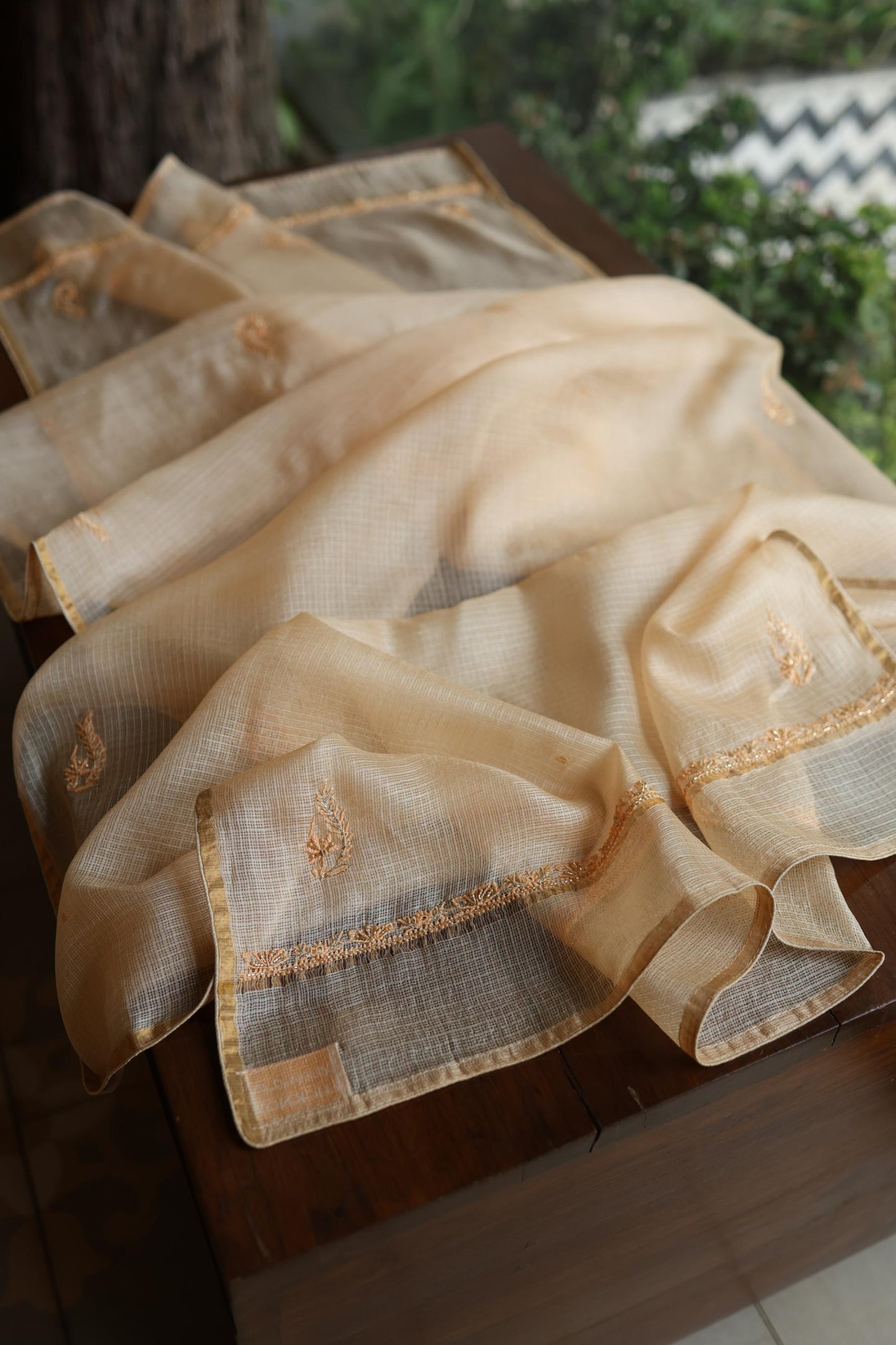 Peach Rasm Kota Tussar Chikankari Unstitched Chikankari Fabric