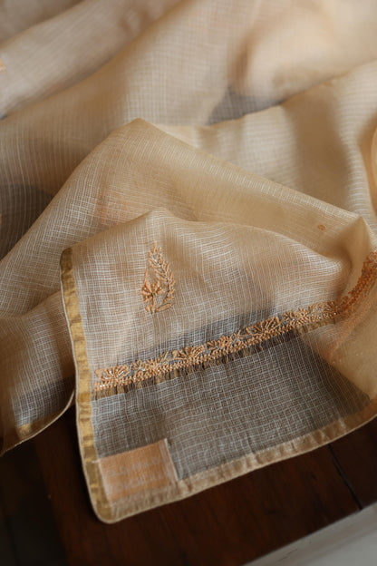 Peach Rasm Kota Tussar Chikankari Unstitched Chikankari Fabric
