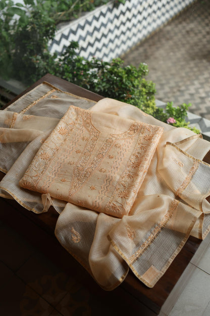 Peach Rasm Kota Tussar Chikankari Unstitched Chikankari Fabric