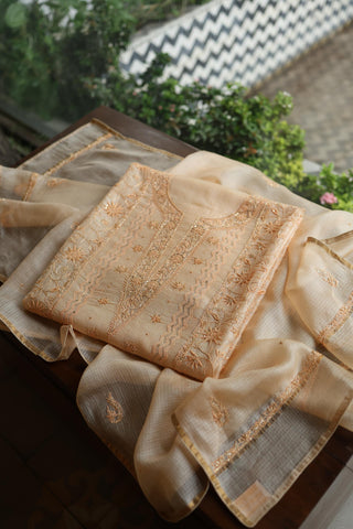 Peach Rasm Kota Tussar Chikankari Unstitched Chikankari Fabric
